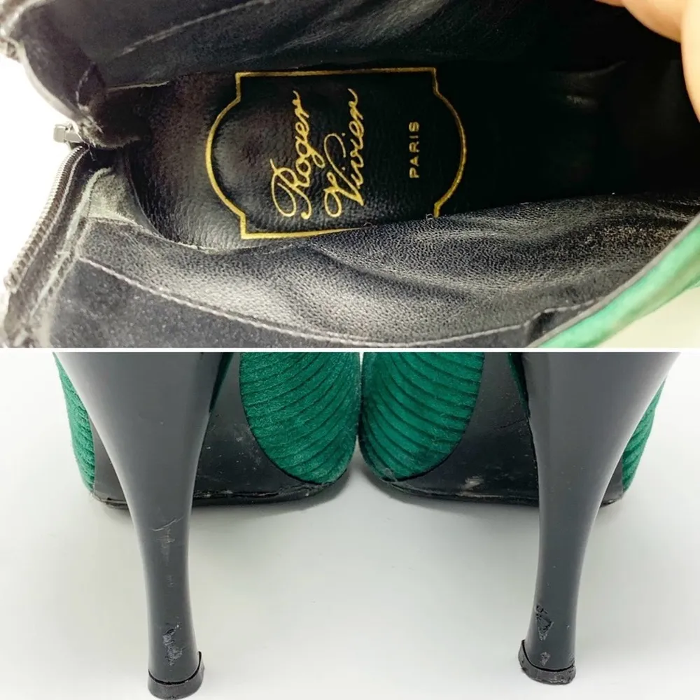 Roger Vivier Peep Toe Suede Patent Leather Booties siize 37.5 Green Black Ankle Size 7.5 - Image 8