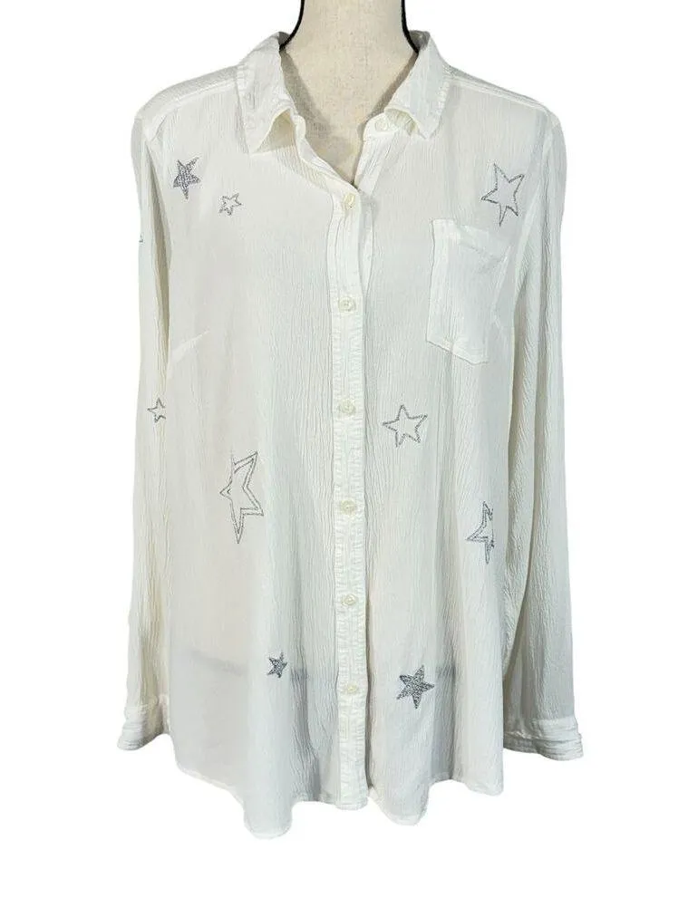 Torrid SZ 3 (3X-Large) Top Button-Up Gauzy Silver Stars Roll-Tab Sleeves Pocket - Image 2