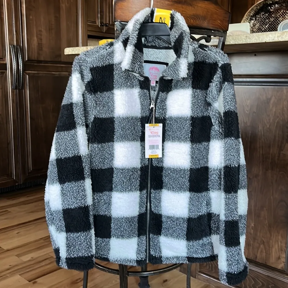 Sherpa Cozy Jacket Fluffy Zip Black White Buffalo Checkerboard Comfy Womens M - Image 7