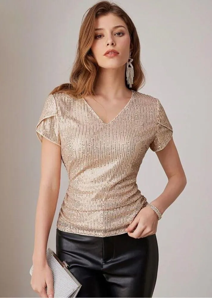 NEW Sparkly Sequin Top Glitter Tulip Sleeve V Neck Club Shirts L - Image 5