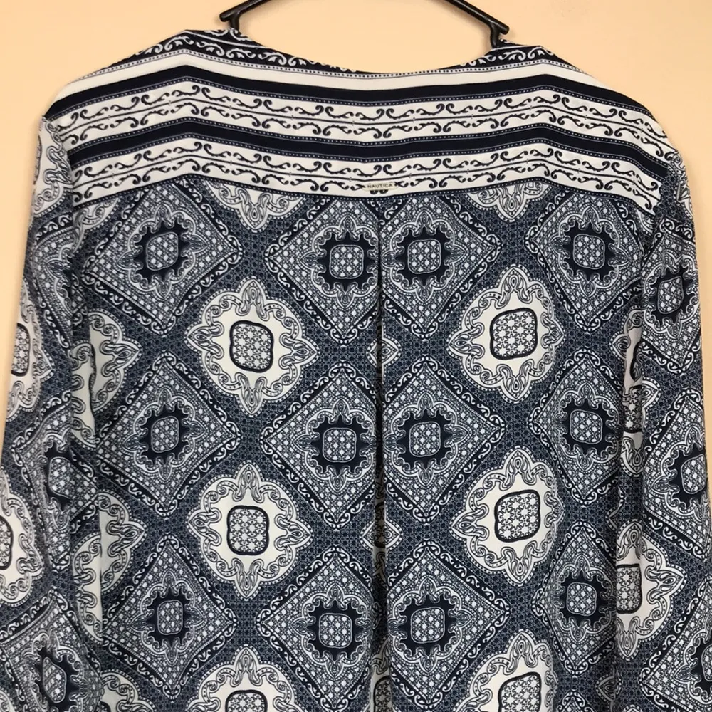 Nautica Women’s Boho Pattern Print Navy Blue White Button-Up Long Sleeve Blouse - Image 7