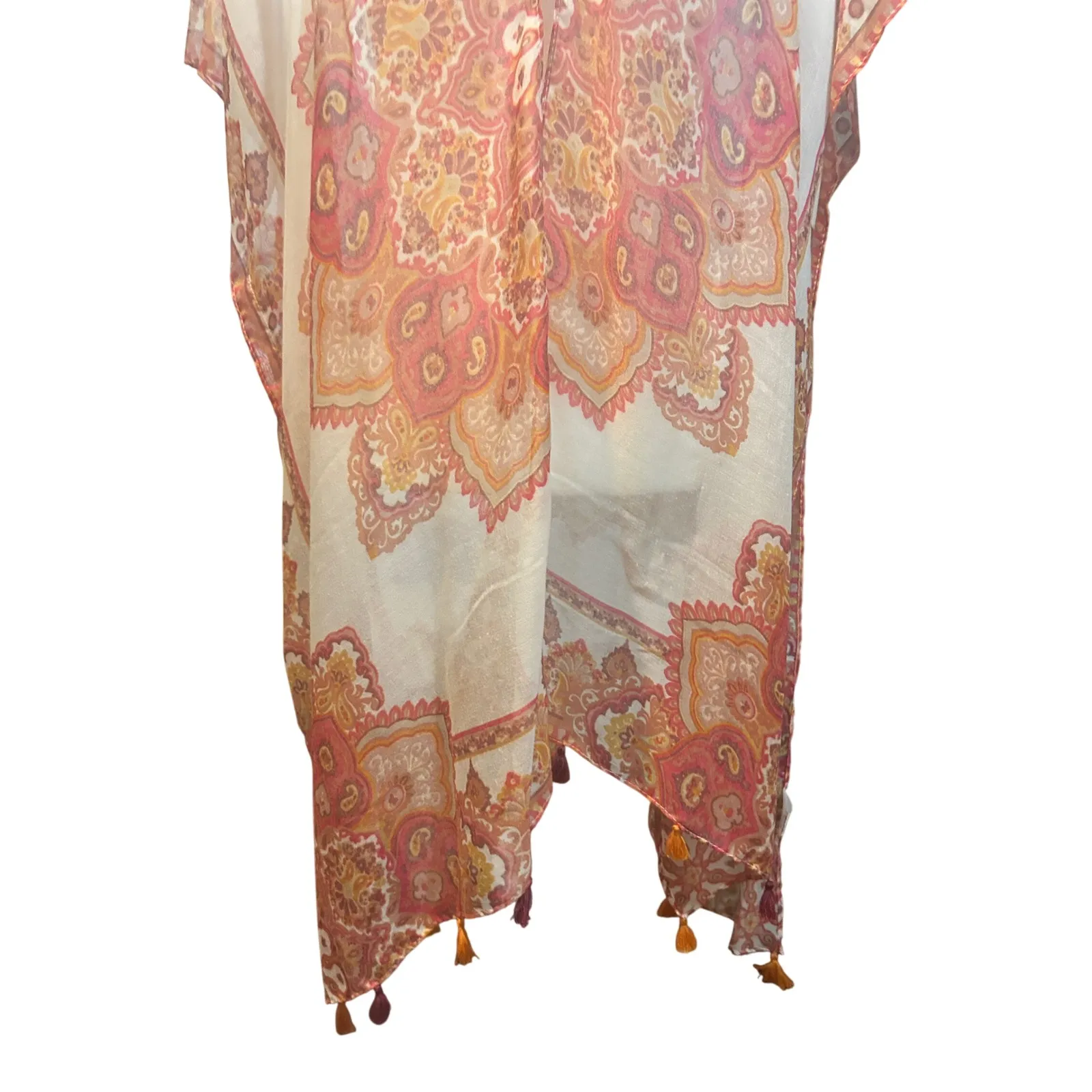 Kimono‎ Cover Up Shawl Duster Boho Festival Paisley Print Tassels Cream Pink - Image 3