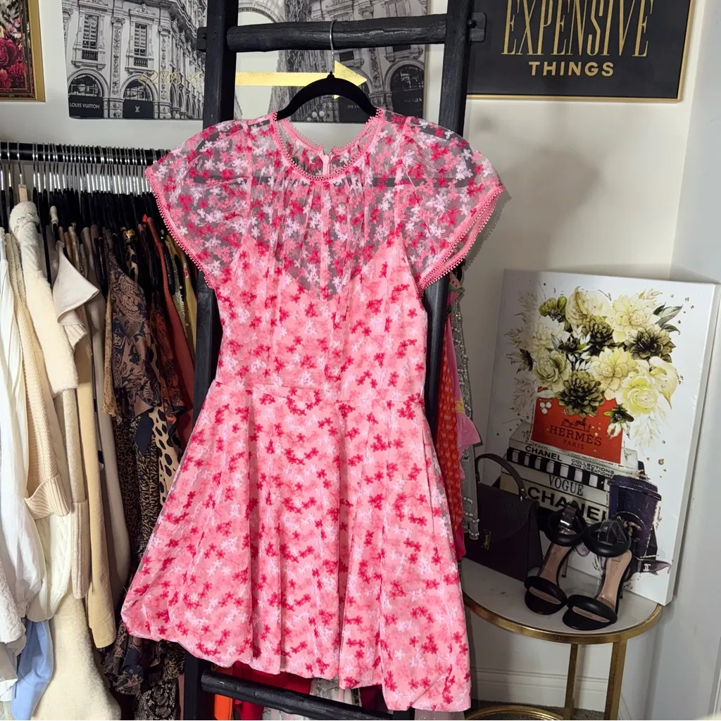 ML Monique Lhuillier Gathered Embroidered Tulle Mini Dress Pink Floral Fit Flare - Image 6