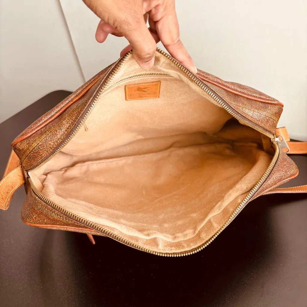 ETRO Red Paisley Crossbody Messenger Shoulder Bag Leather Coated Canvas ITALY Brown - Image 12