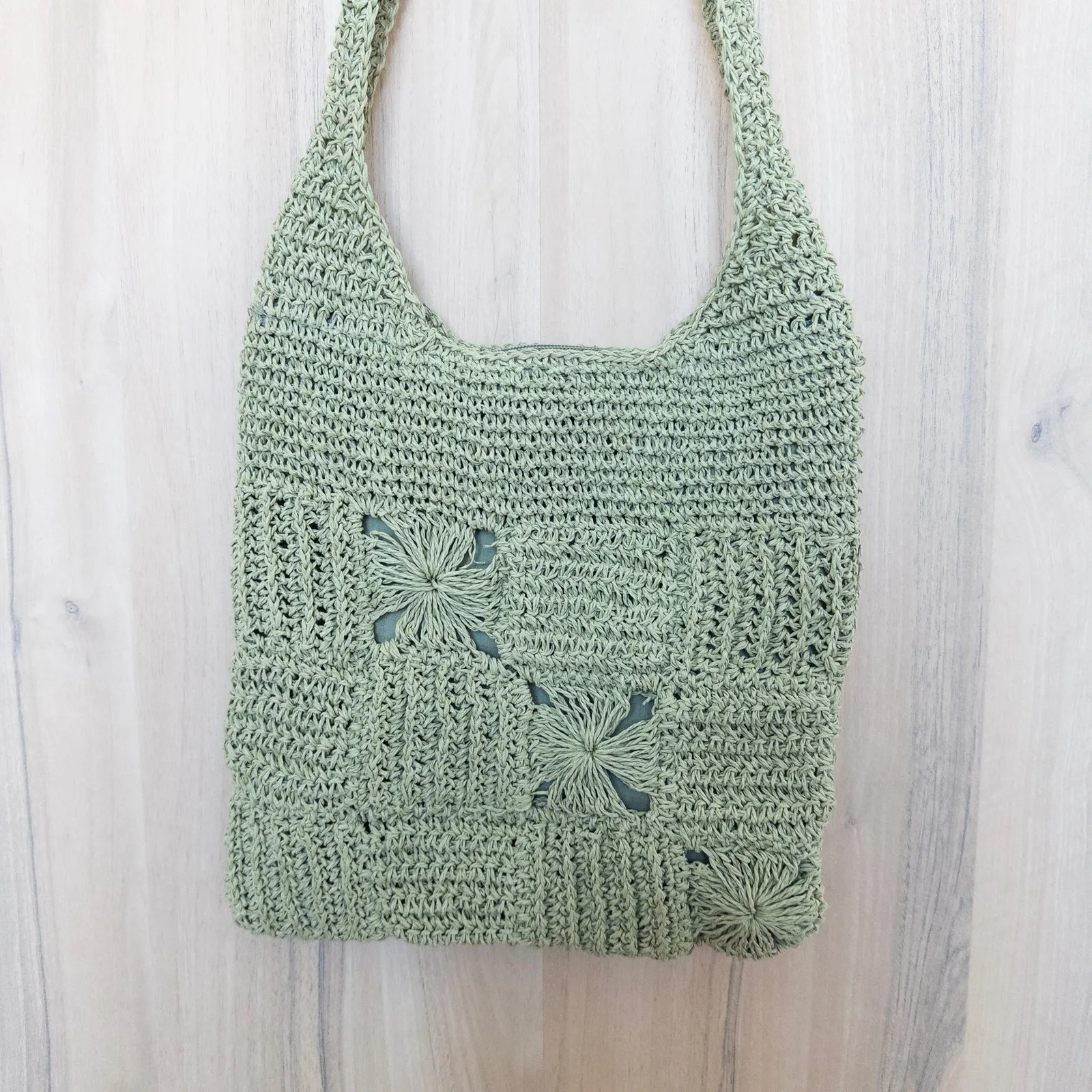 Womens Handmade Jute Shoulder Bag Sage Green Boho Floral Hobo Beach Cottage - Image 2