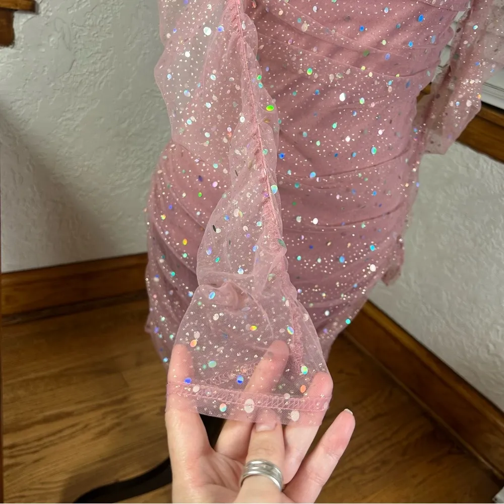 Double Crazy Square Neck Contrast Sequin Mesh Bodycon Dress Dusty Pink Size S - Image 4