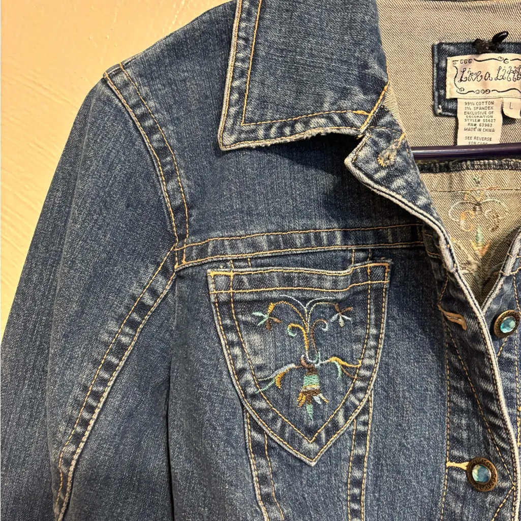 Live a Little Embroidered Denim Jacket Size L Western Style Blue Jeans Jacket - Image 5