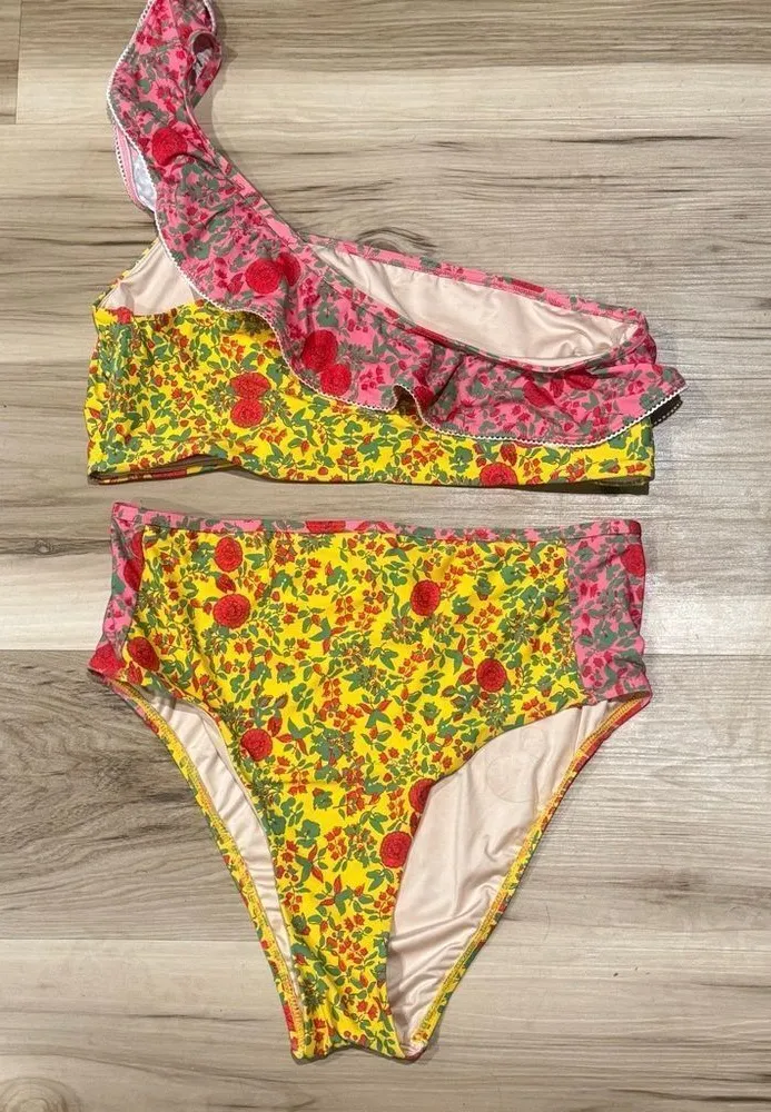 Roller Rabbit Rhody Floral Ruffle One Shoulder High Waisted Bikini Women’s M/L - Image 1