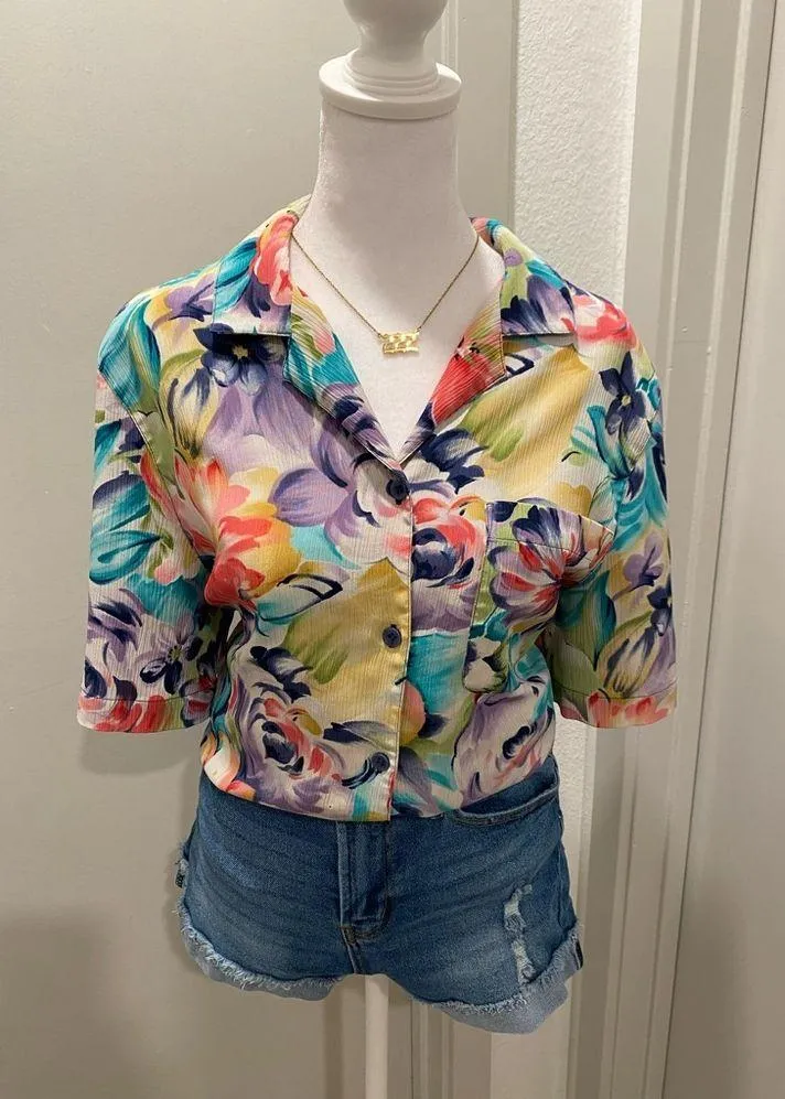 VTG 90s 80s Alfred Dunner Colorful Floral Button-Up Short Sleeve Blouse Top - 12 - Image 2