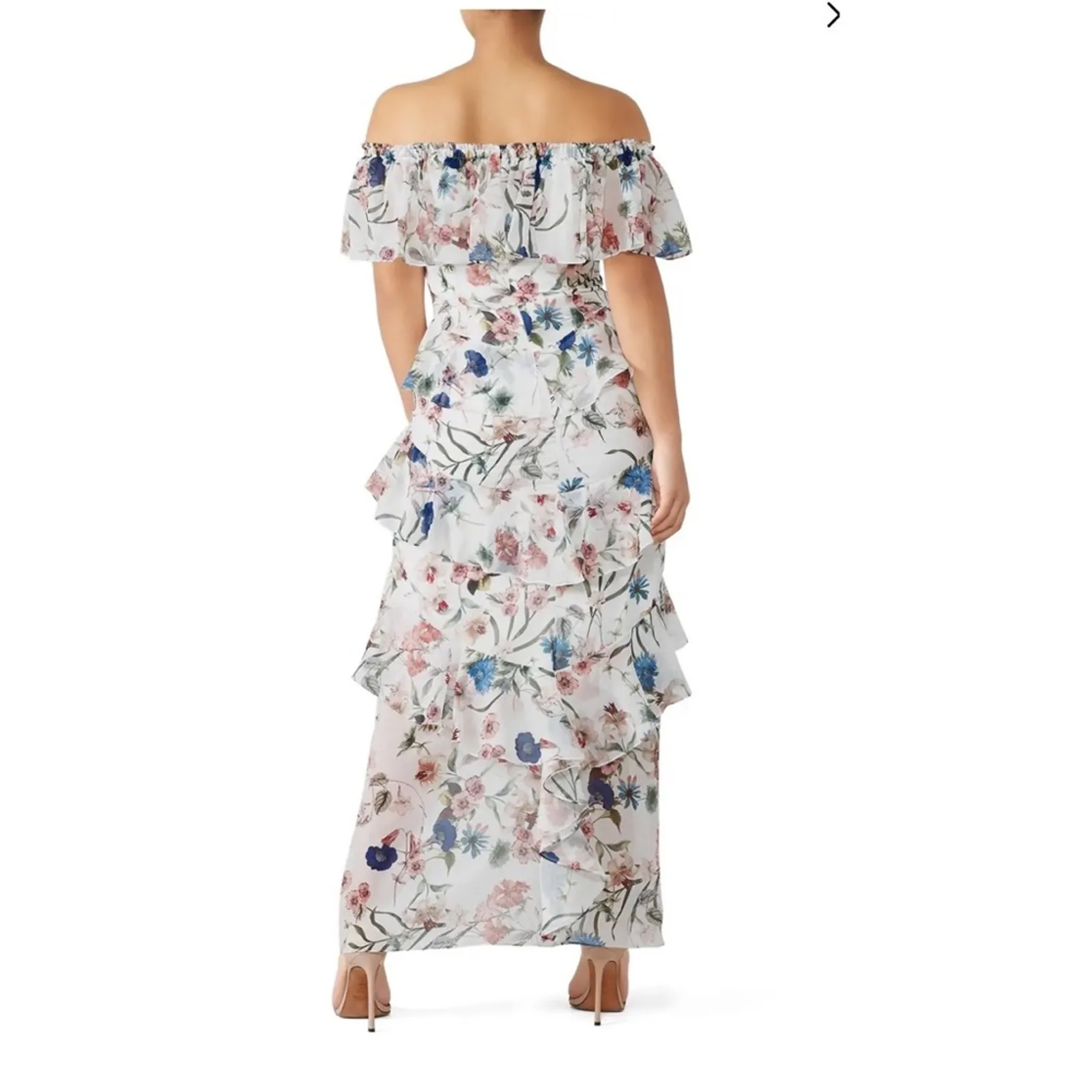 Badgley Mischka White Floral off the shoulder ruffle High Low Maxi Dress - Image 6
