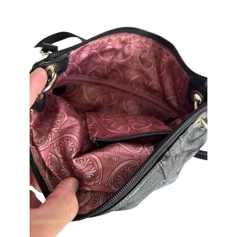 Stone Mountain Black Leather Crossbody Bag With Pink Lining & Multiple Pockets - Image 5