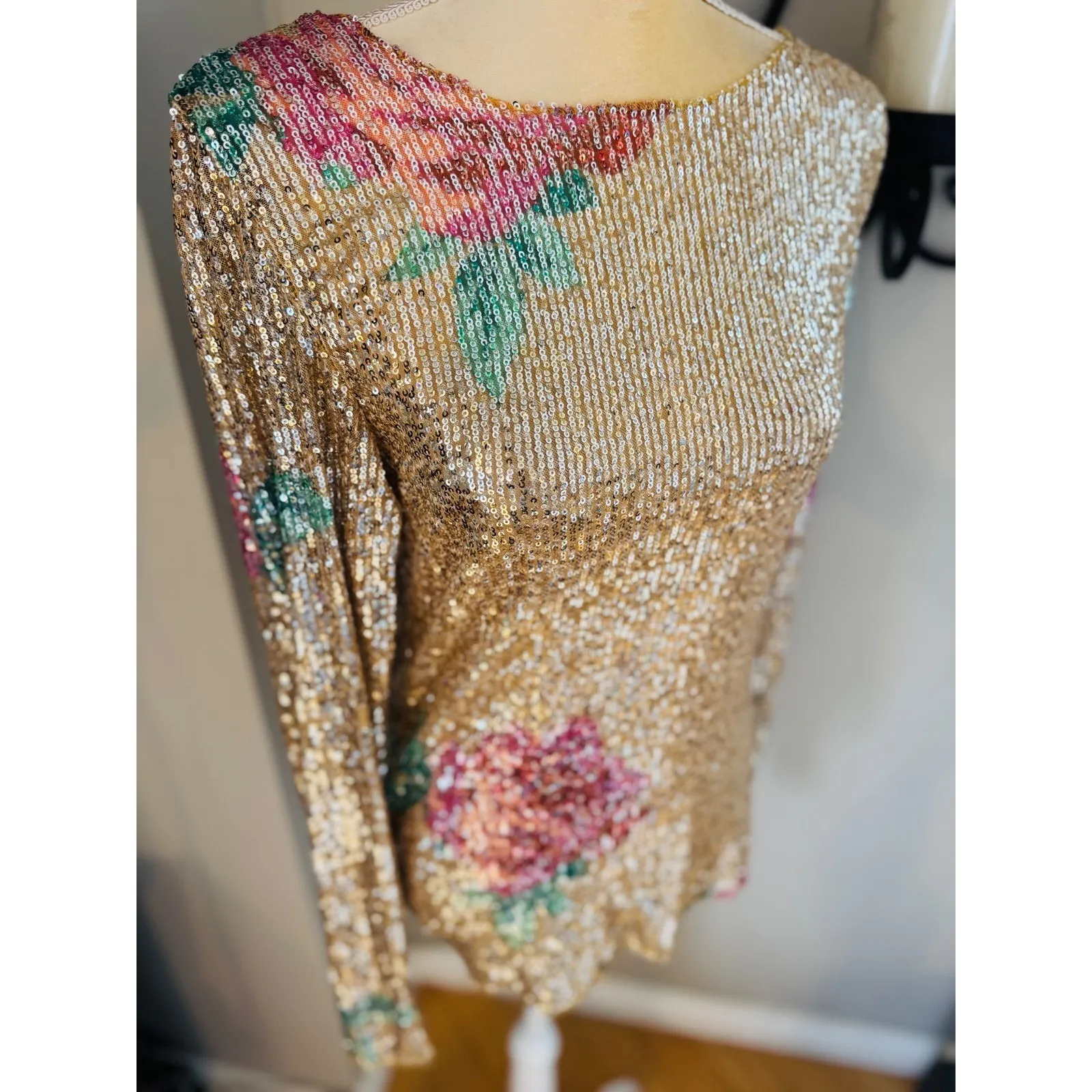 Free People Gold Rush Floral Sequin Top, Champagne/Pink, Medium, NWOT - Image 2