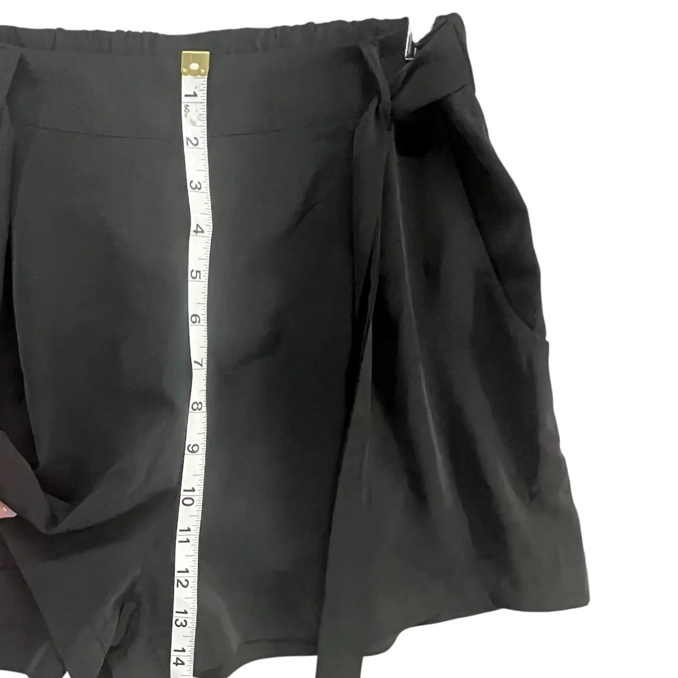 Francesca Blue Rain Shorts Women M Black Satin Tie Waist Pockets Modern Boutique - Image 6