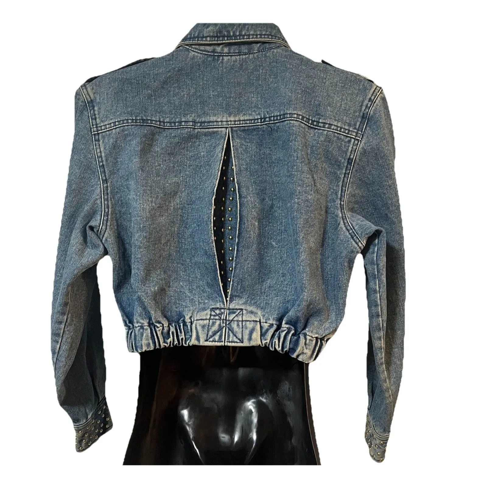 Vintage 80s Cropped Denim Jacket Studded Rhinestone Buttons USA Made Opal Size S Blue - Image 2