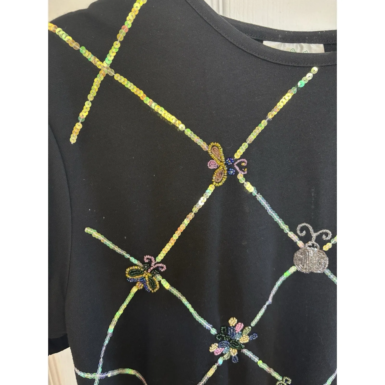 Vtg 90s Quacker Factory Beaded Insect Bugs Black Top Size Large Sequins - Image 6