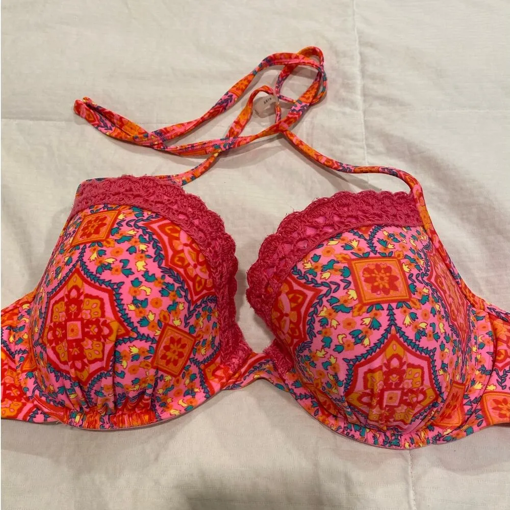 Aerie Pink Halter Neck Floral Lace Trim Push-Up Nina Bikini Top Women's Size 36D - Image 3