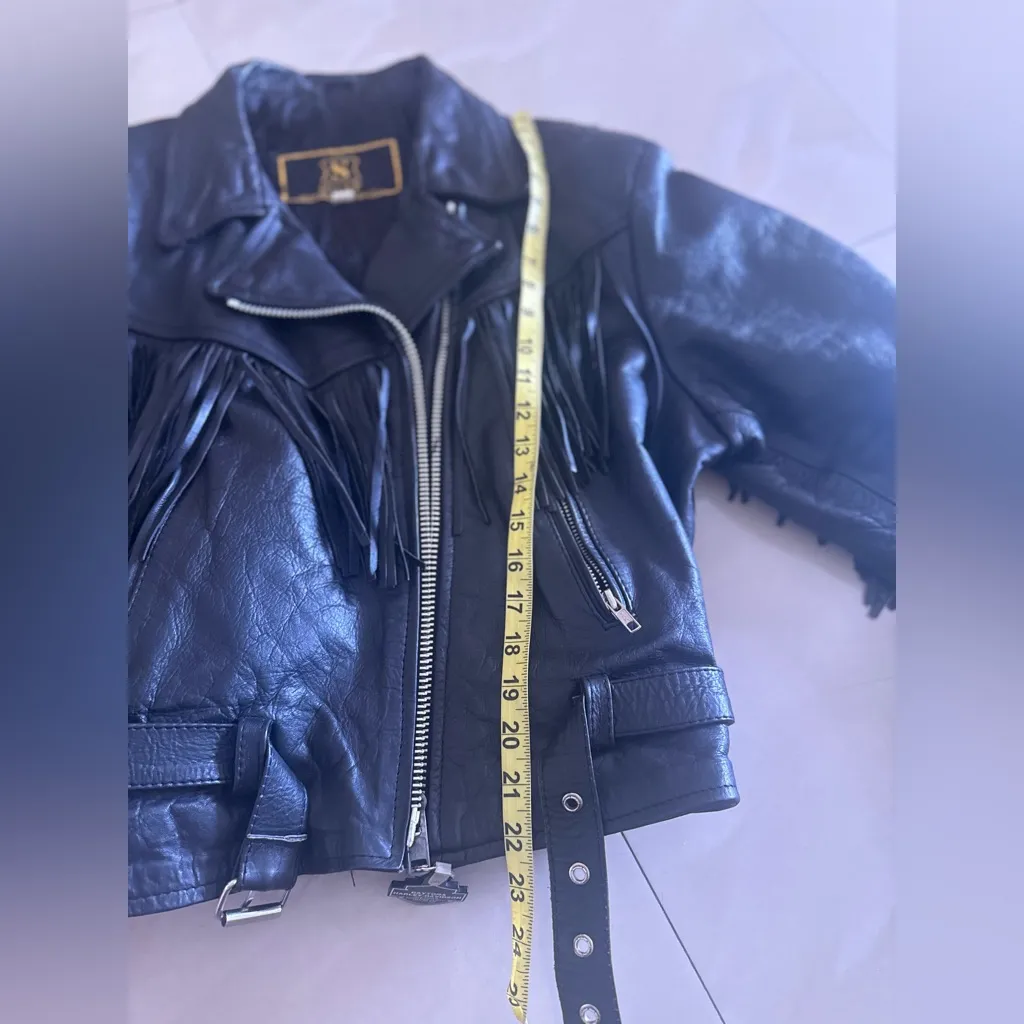 Vintage SHAF Black Leather Biker Jacket Fringe Motor Harley Davidson XL Motorcy - Image 8