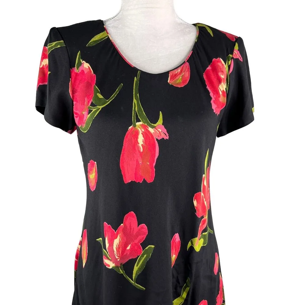 Vintage Hampton Dress Co Dress 8 Midi Black Red Tulips - Image 11