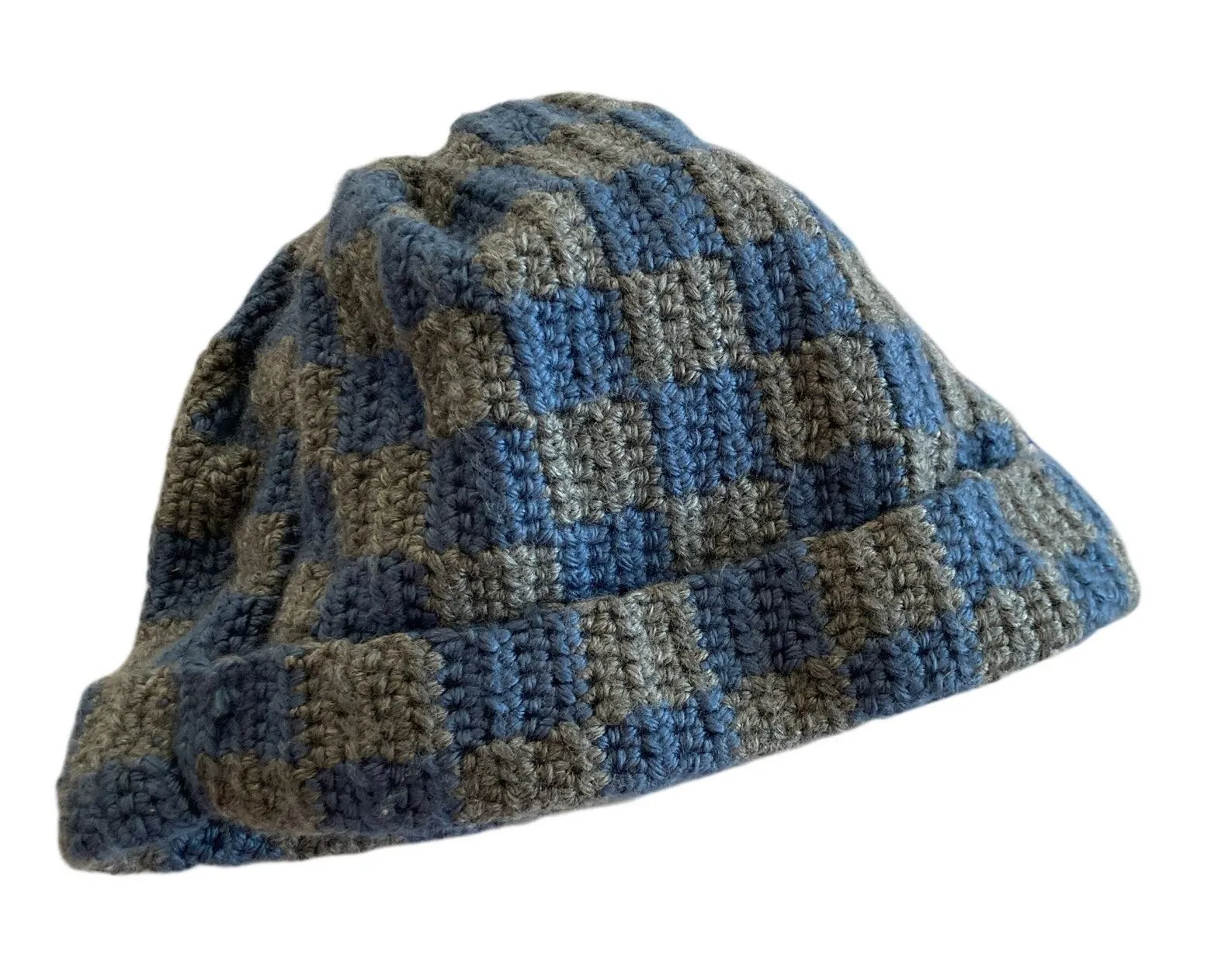 Handmade Blue & Gray Checkered Hat Adult M Thick Knit Ski Outdoors Grunge Retro - Image 1