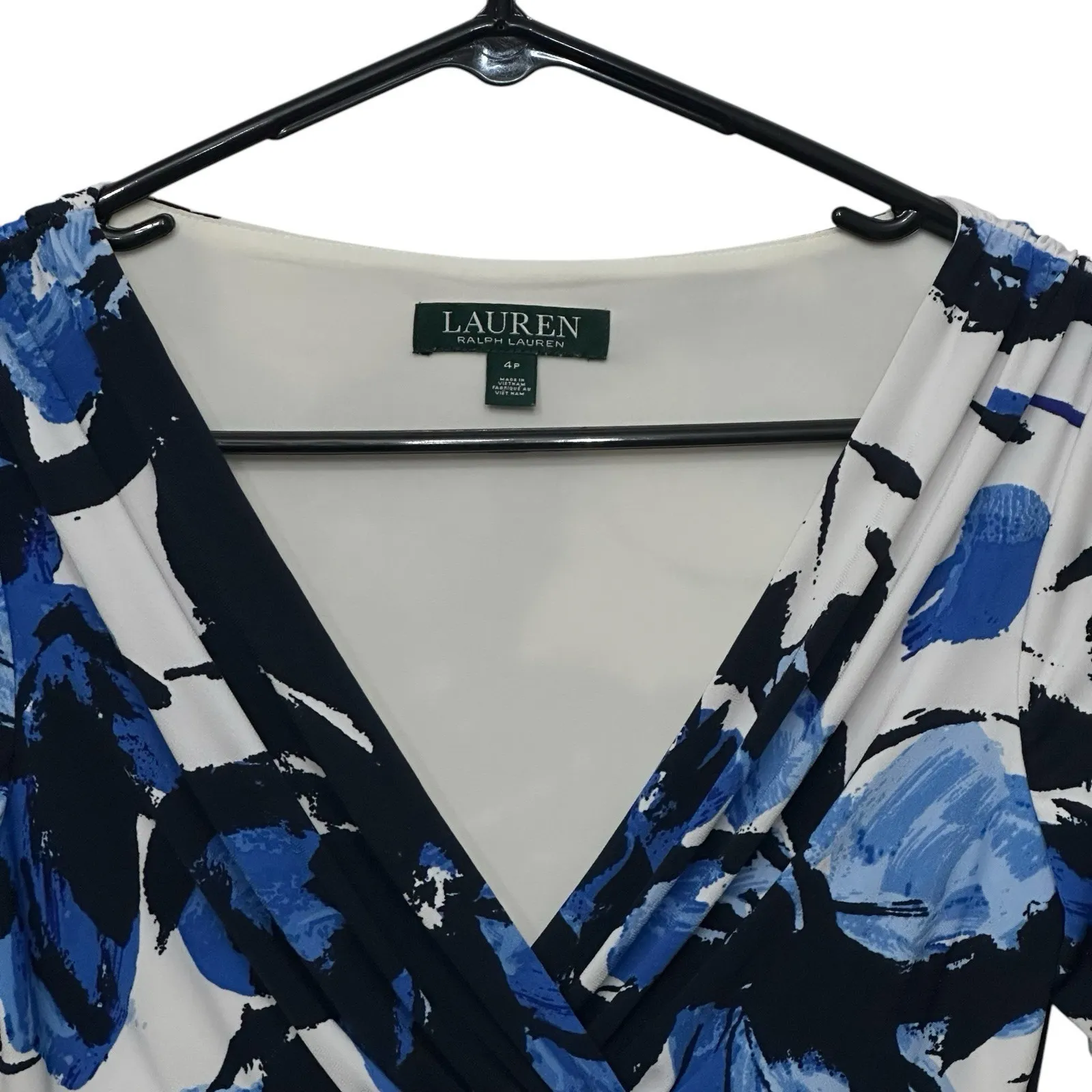 Ralph Lauren Women's‎ Dress Floral Navy Ceil Blue On White Size 4 Petite Ruched - Image 4
