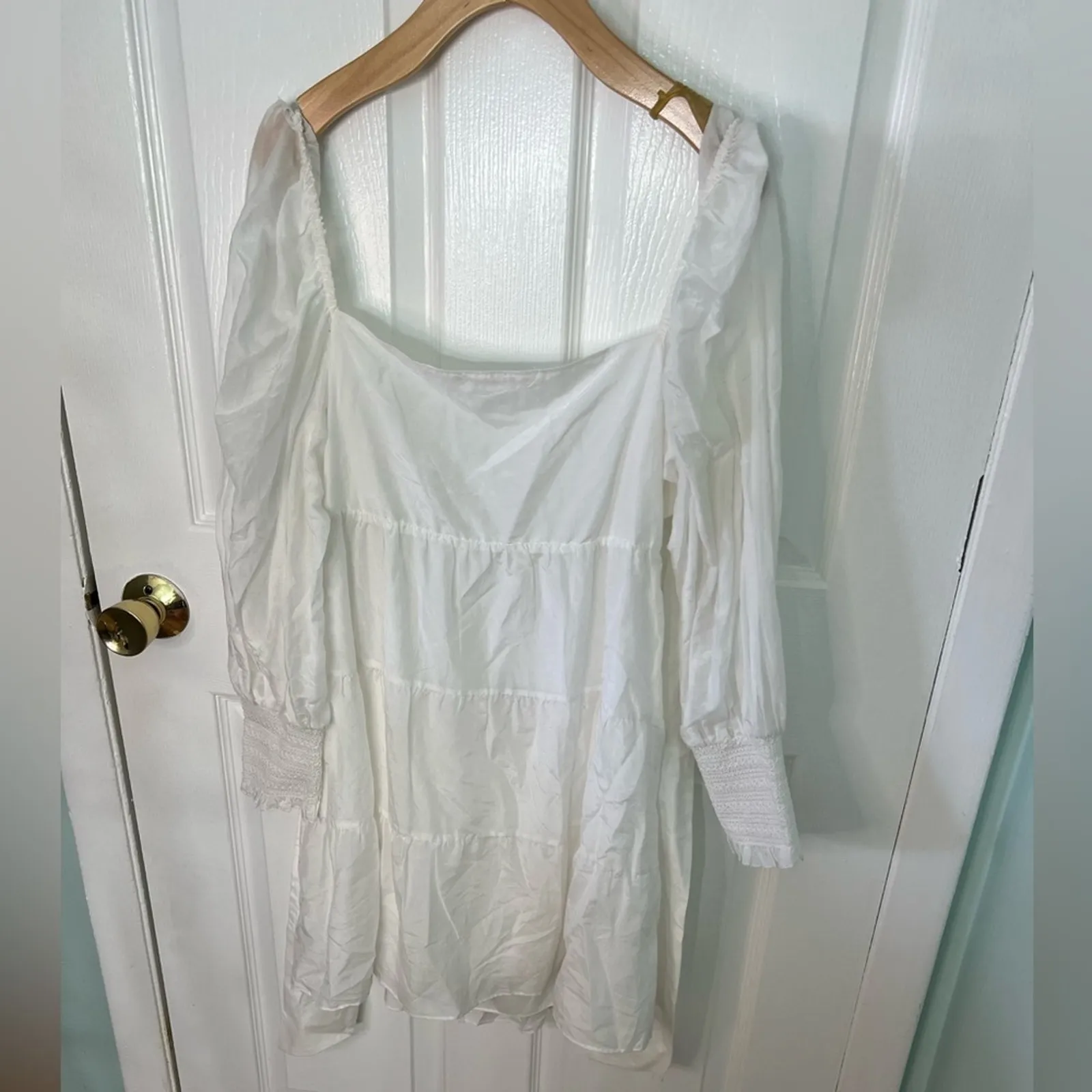 Alice + Olivia White Silk Cotton Rowen Tiered Long Sleeve Babydoll Mini Dress L - Image 5