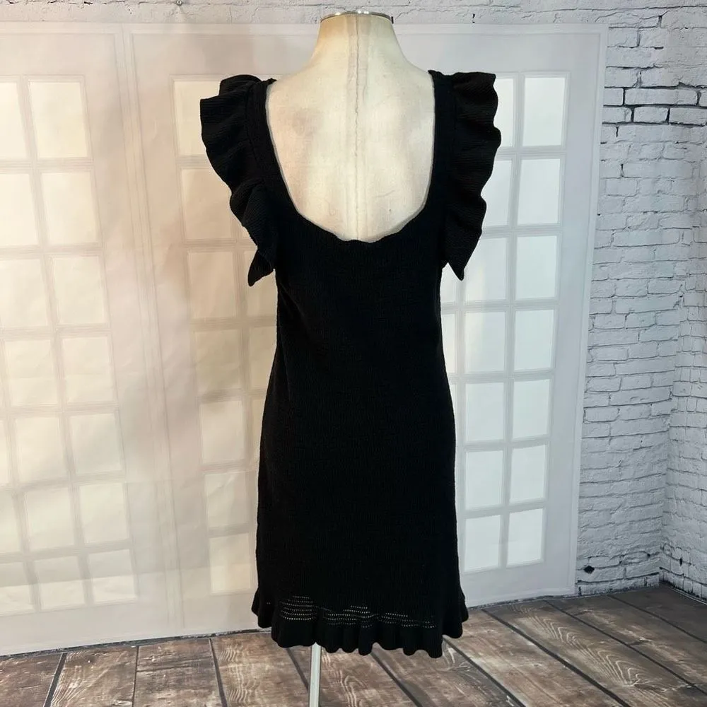 Anthropologie Pointelle Ruffled Butterfly Sleeve Black Knit Mini Crochet Dress L - Image 7