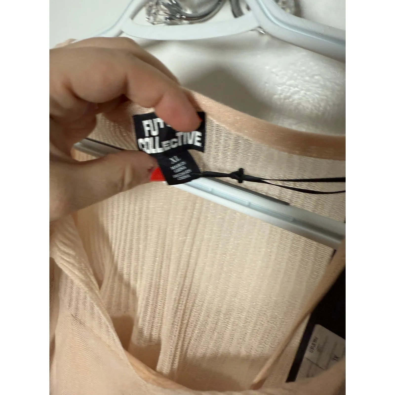 Future Collective Pleated Flowy Boho Sheer Stretch Peach Pink Mini Dress NEW XL - Image 6