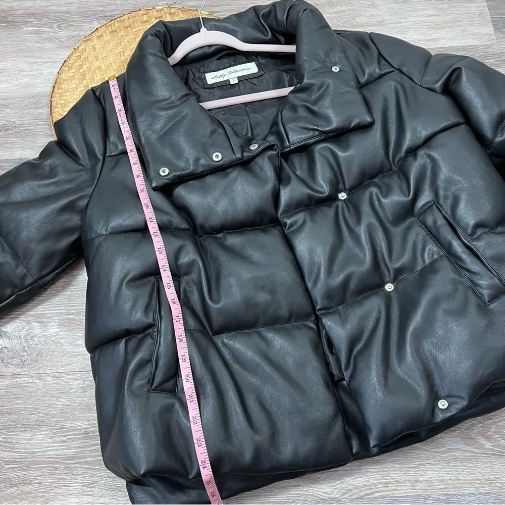 Sebby Black faux‎ leather puffer jacket - Image 6