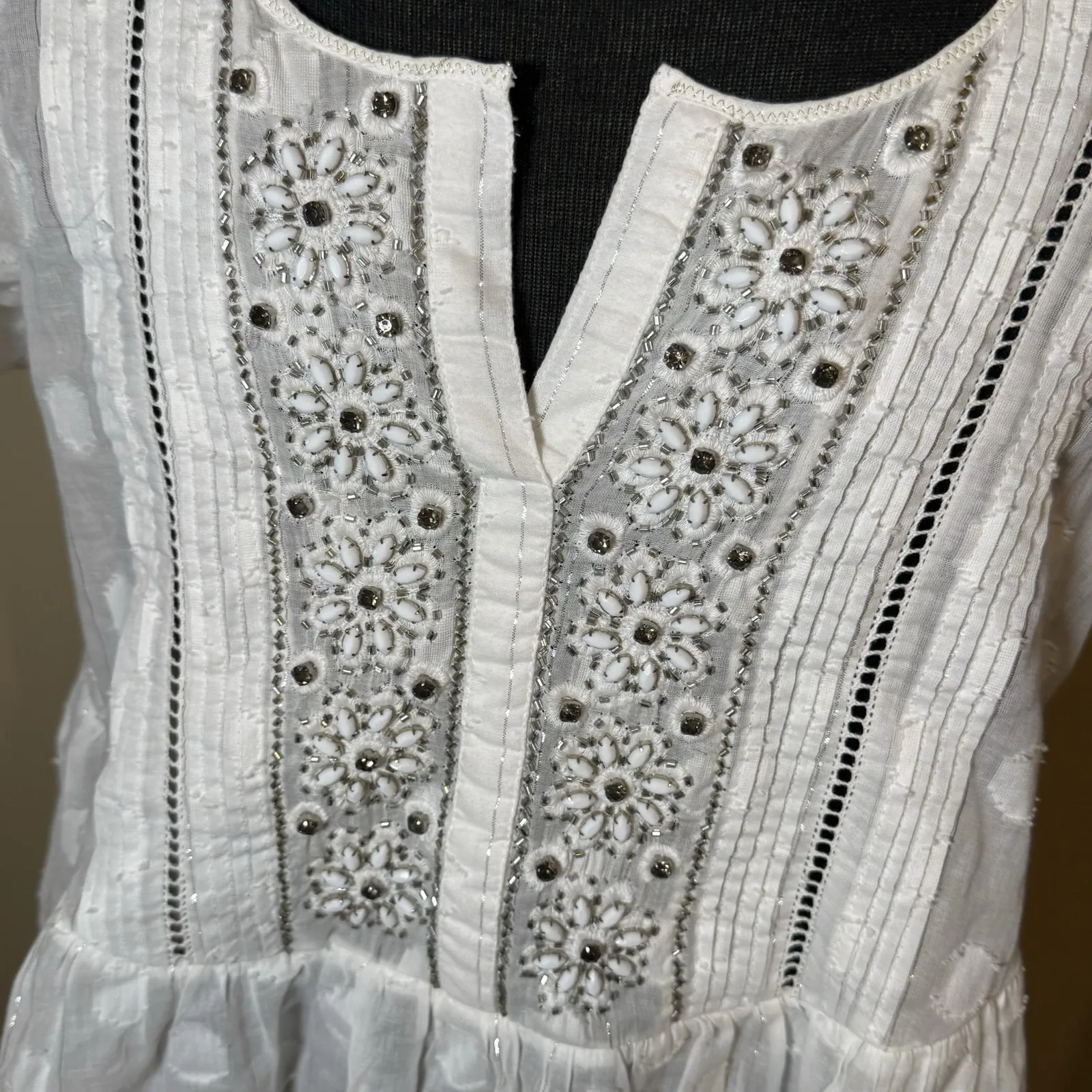 $129 New Anthropologie Leifsdottir Serein Boho Jeweled Top White/Silver Sz 2 White - Image 2