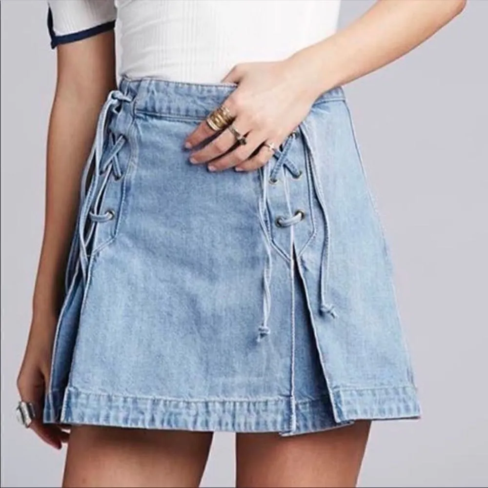 Free People Denim Lace Up Skirt in Light Denim-NWT - Image 2