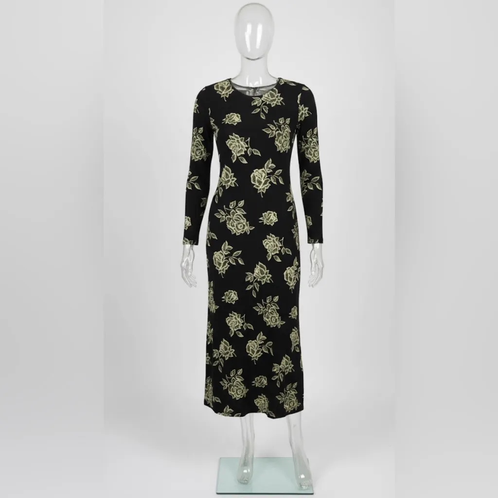 Black Floral Texture Bodycon Mini Dress M/L Polyester Stretch Size L - Image 4