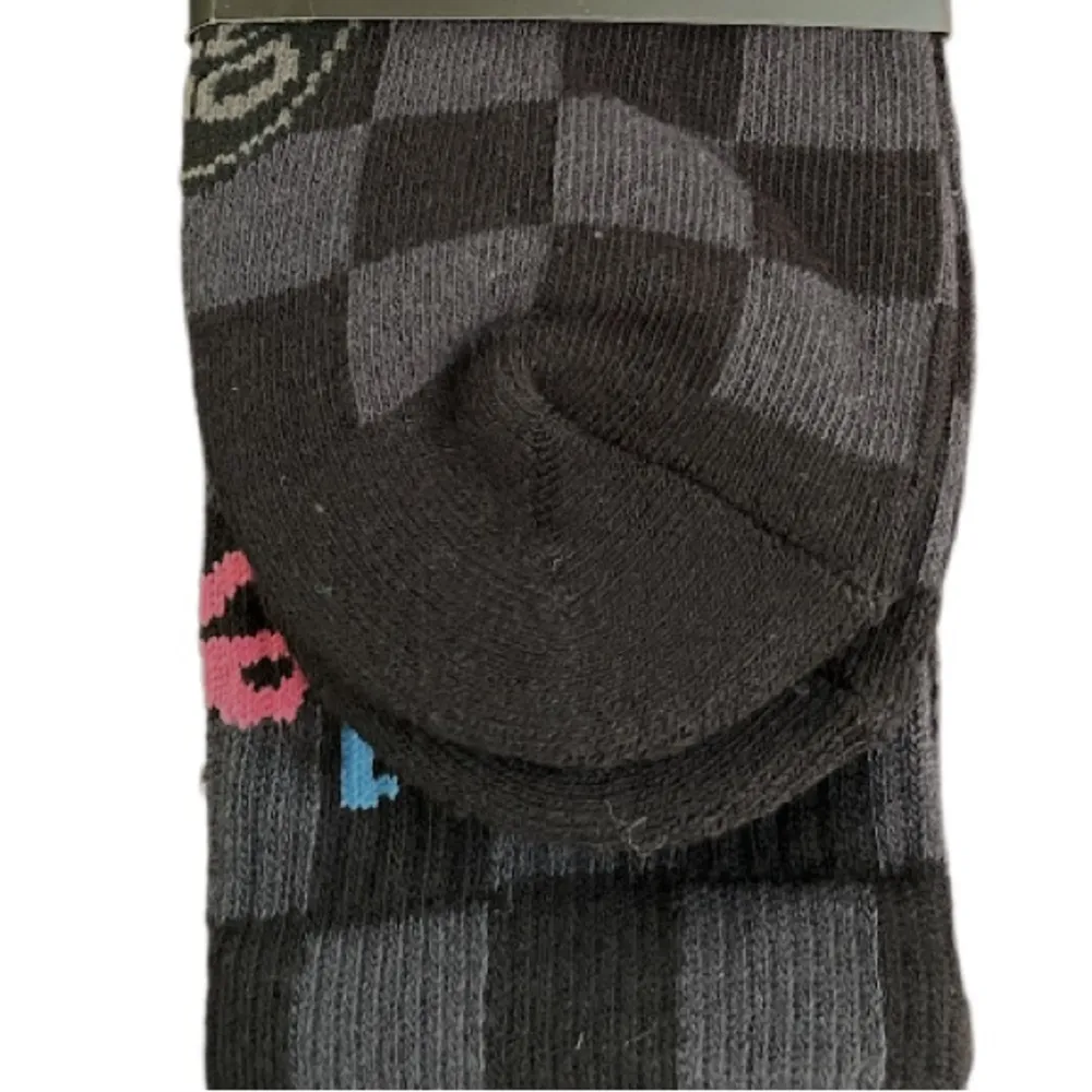 Petals and Peacocks Smile More Checkered Crew Socks Black Gray One Size - Image 4