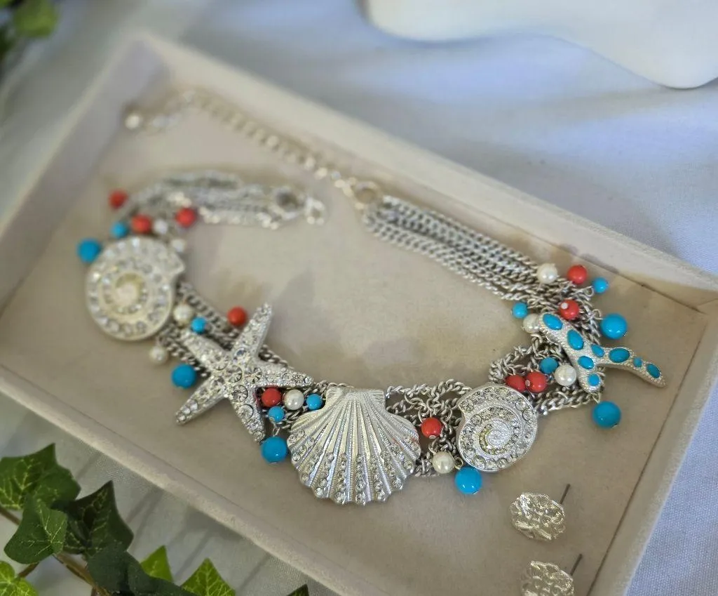 Vintage Silver Chain Choker Necklace Earrings Set Chunky Sea Life Blue - Image 2