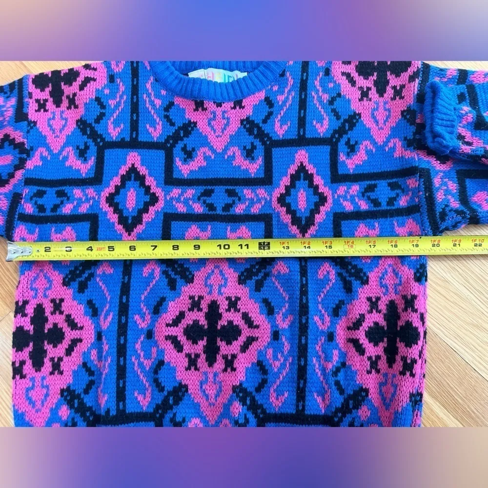 Vtg Colorful Sweater Geometric Knit Ski Sz M Colorblock 80’s Grunge Art Cosby 3D Blue Size M - Image 3