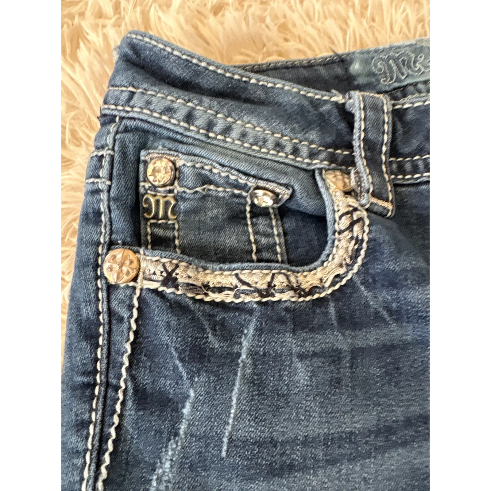 Miss Me Mid Rise Skinny Jeans Embellished Pockets Rhinestones Sequins Size 26 - Image 3