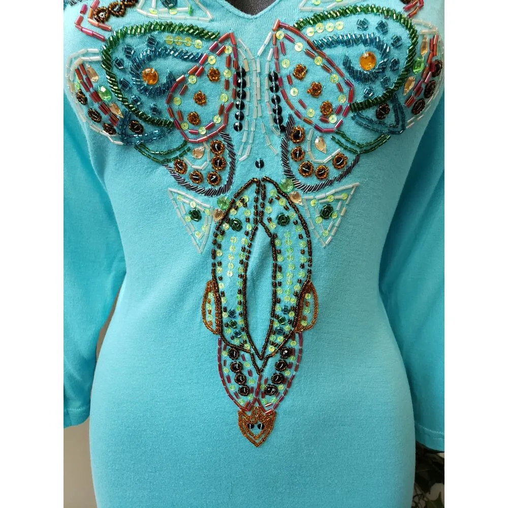 Jessica London Long Maxi Dress Women's 14 Blue Beaded Rayon Long Sleeve V Neck - Image 11