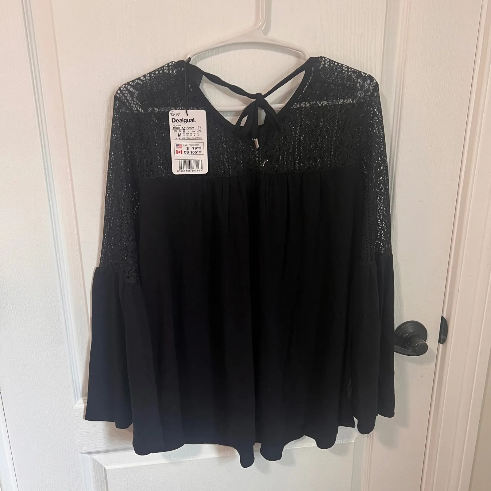 Desigual Black Lace Top Bohemian Blouse Bell Sleeve Embellished‎ Medium NWT - Image 7