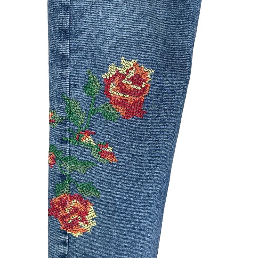 Topshop Moto SZ W26 Jamie Skinny Jeans Hi-Rise Stretch Floral Embroidery Blue - Image 4