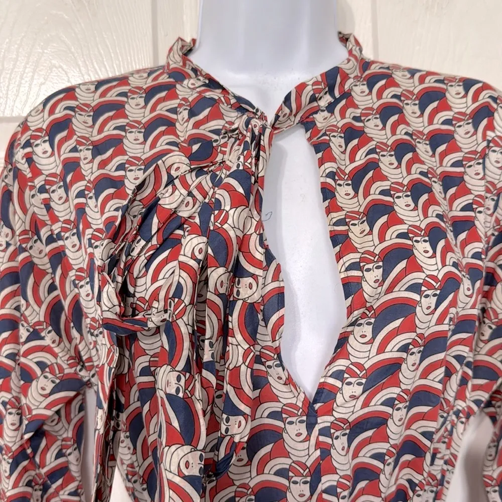 La DoubleJ Mantero Print Shirt Dress Rare Tie Neck‎ Tie Waist Size Medium Blue - Image 6