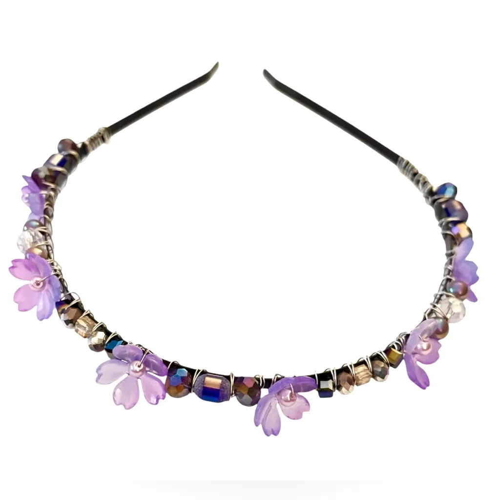 Fairy Headband with Lucite Flowers and Crystals Hand Wired onto Black Headband - Image 3