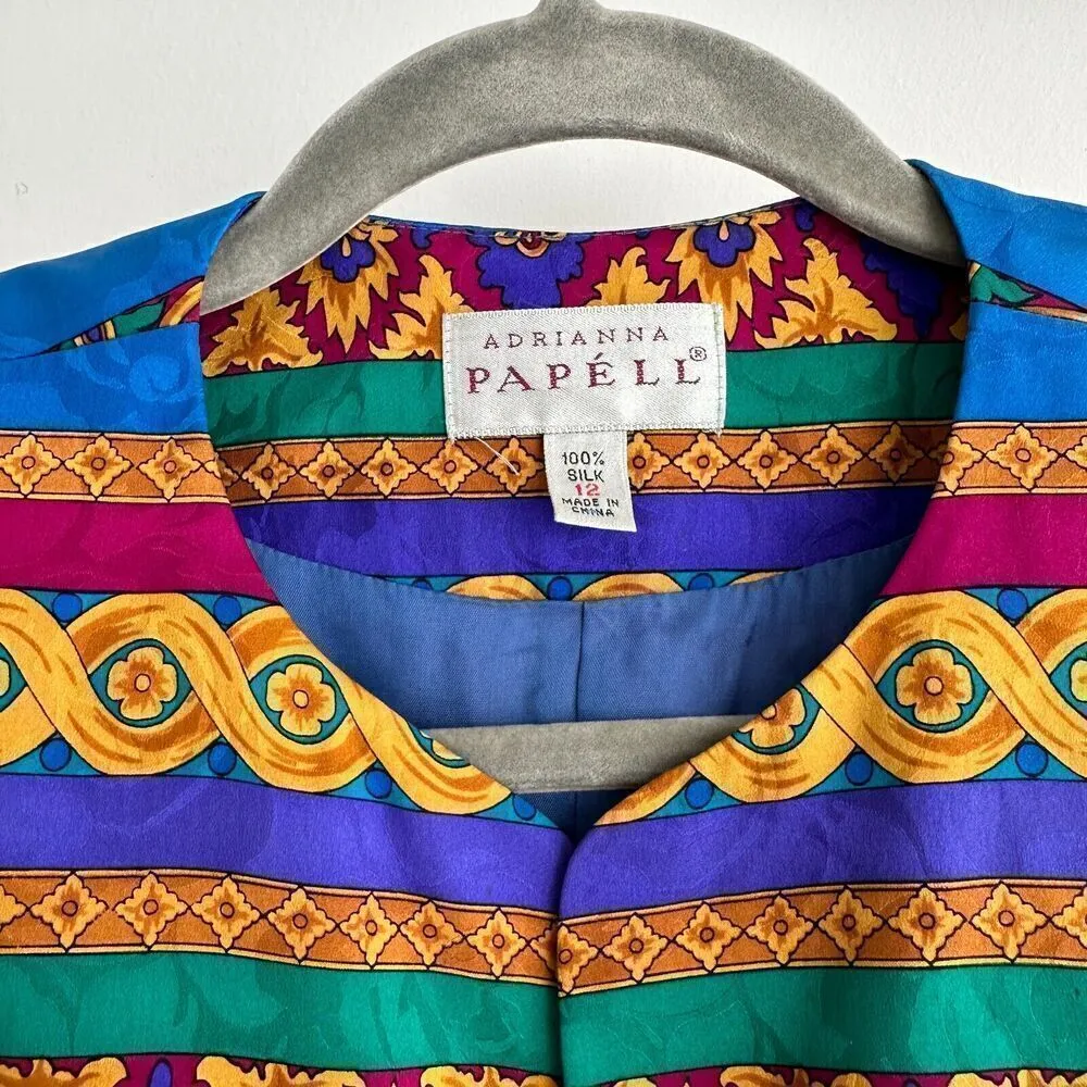 Adrianna Papell Silk Jacket Womens 12 Blazer Printed Colorful Baroque Vintage - Image 6