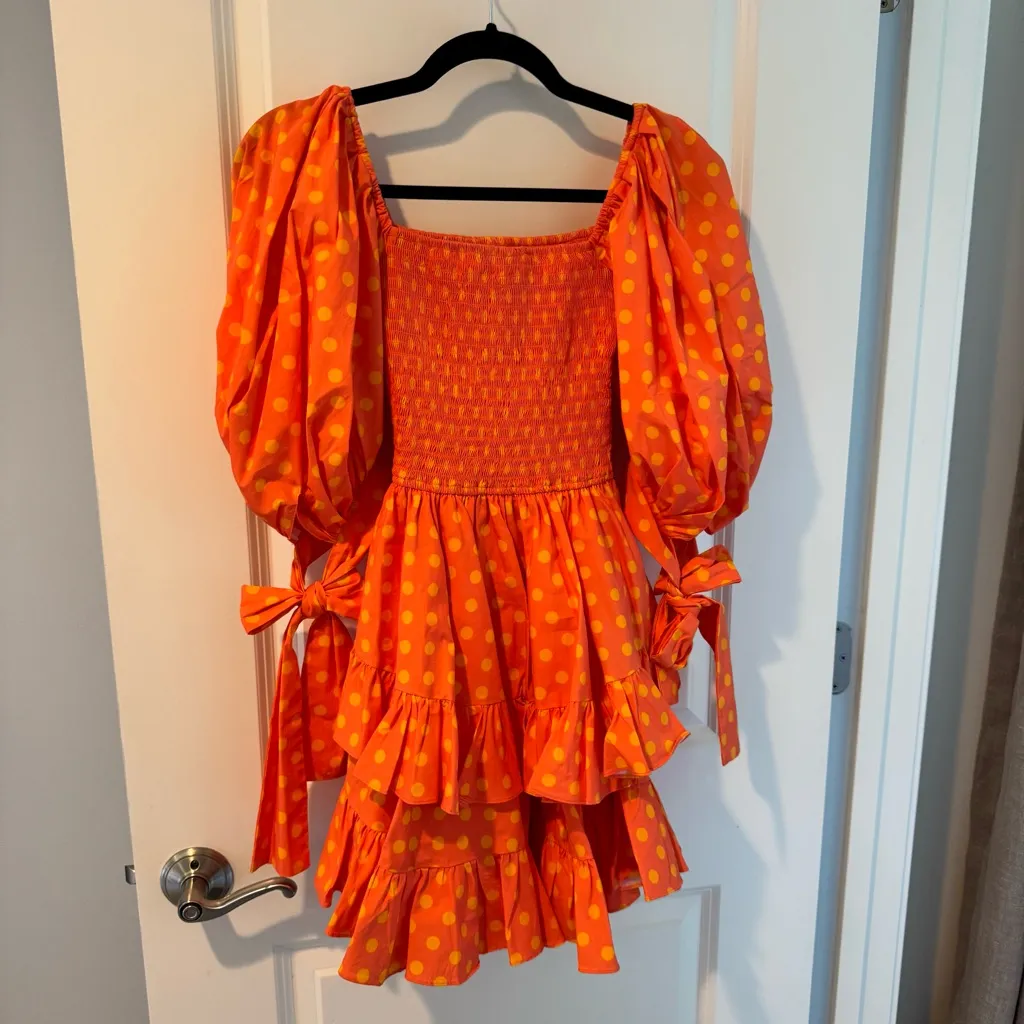 Caroline Constas Orange Polka Dot Square Neck Smocked Finley Mini Dress | XS - Image 4
