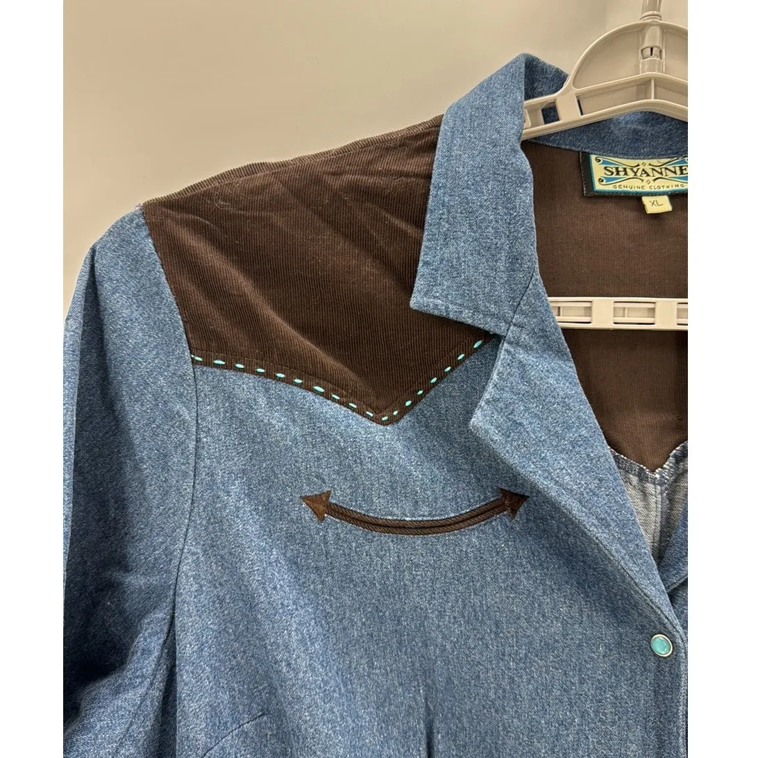 Shyanne western Cowgirl Denim Corduroy Trim turquoise snap button midi size XL - Image 5