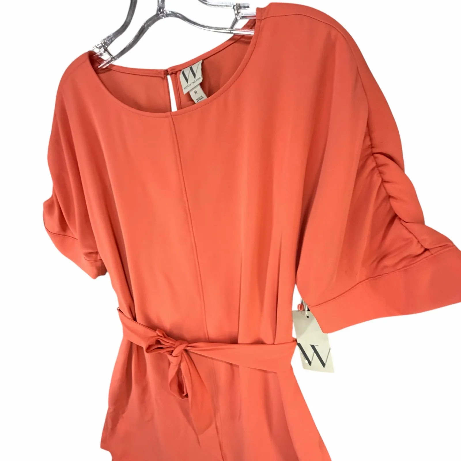 Worthington Dress Womens M Coral Ruched Sleeves Self Tie Belt Preppy Modest Chic - Image 6