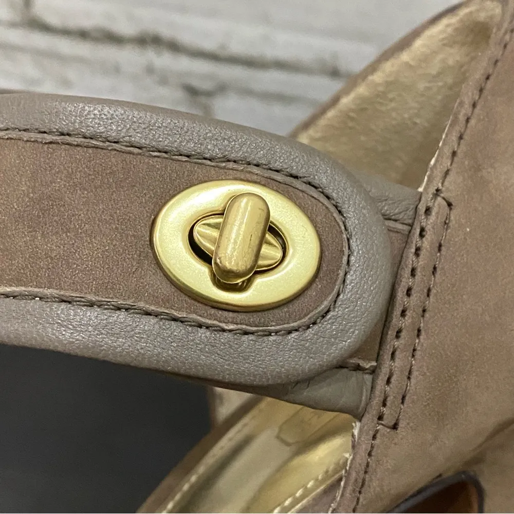 COACH Tristen Grayish Beige Nubuck Leather Turnlock Ankle Strap Heeled Sandals 7 - Image 14