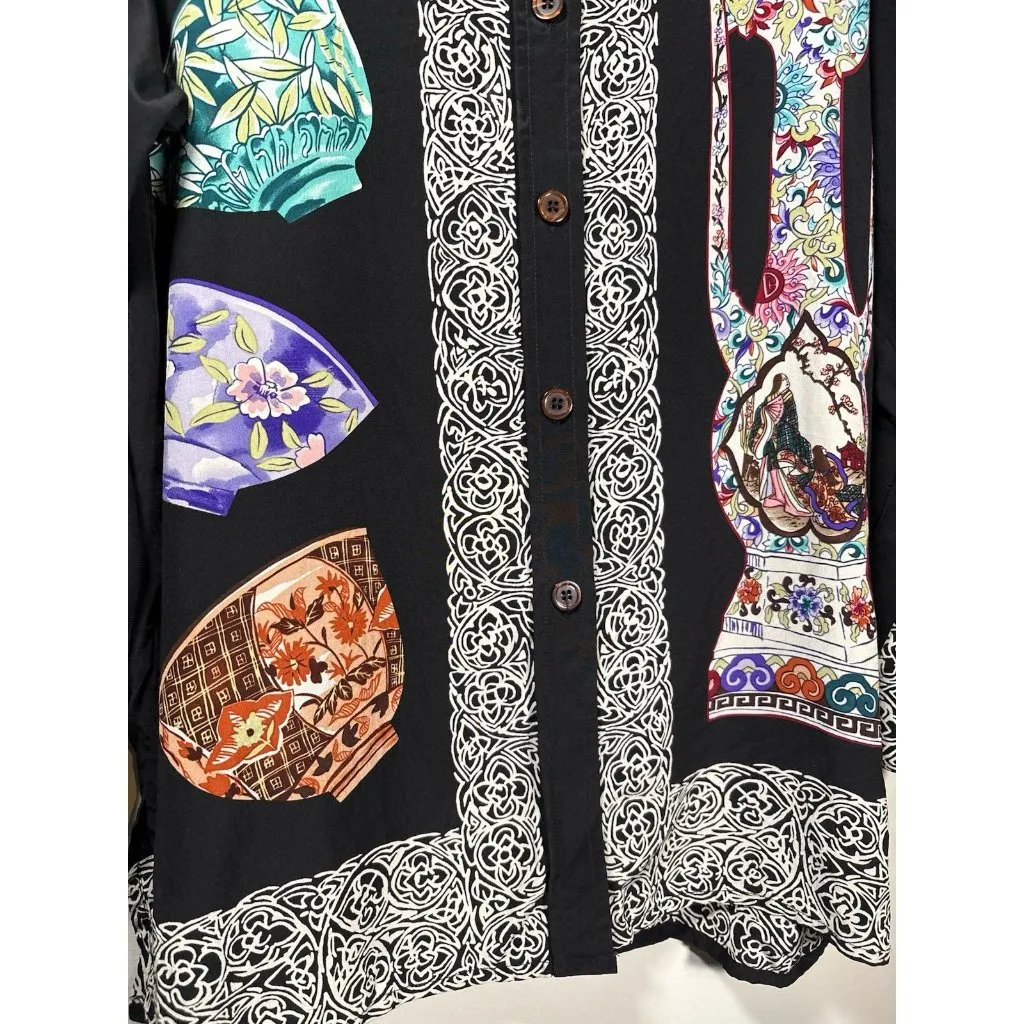 Vintage Diane Von Furstenberg Silk Asian Chinoiserie Teacup Button-Up Top XS - Image 3