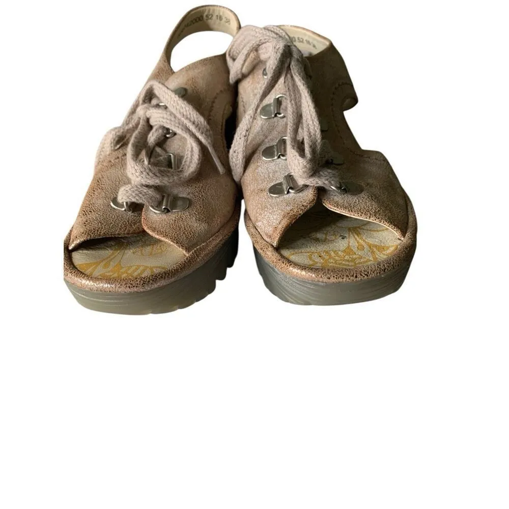 Fly London Yfla leather lace up tan gold wedge sandals women's size 38 7.5-8 - Image 2