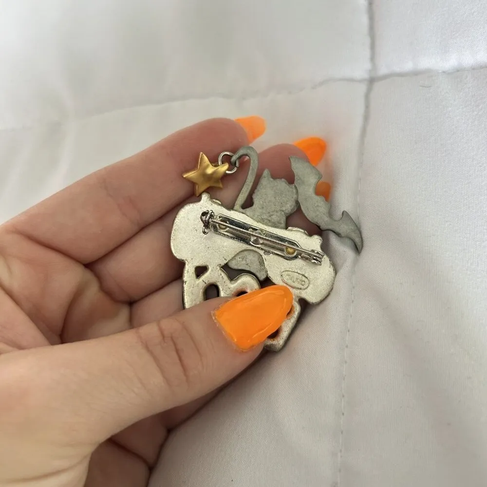 Vintage AJMC Large Halloween Cat Jack O Lantern Bat Boo Enamel Pewter Brooch Pin Silver - Image 5