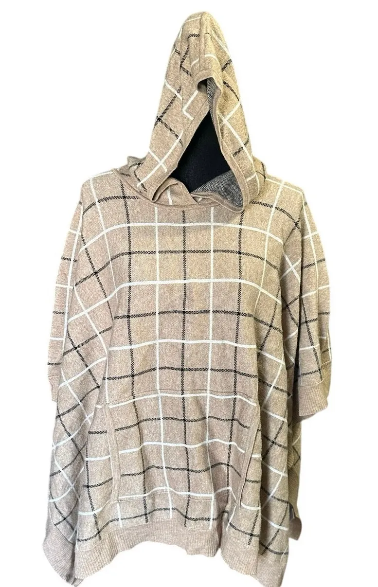 Tahari Tan Hooded Poncho – Black & White Plaid, Front Pockets – One Size - Image 1