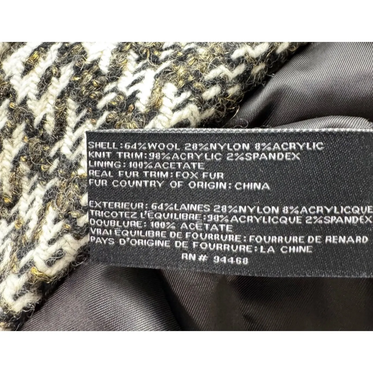 ABS Collection Women's Houndstooth Wool Tweed Coat with Fur Hood Size 10 Black - Image 11